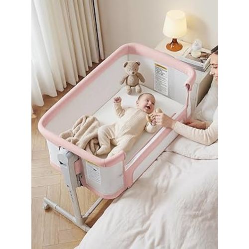 Baby Bassinet Bedside Sleeper 3-in-1, Easy Night Feeding with One-Side Fold & Rolling Wheels, Breathable Mesh, 6-Height Adjustable, Soft Mattress for Newborns