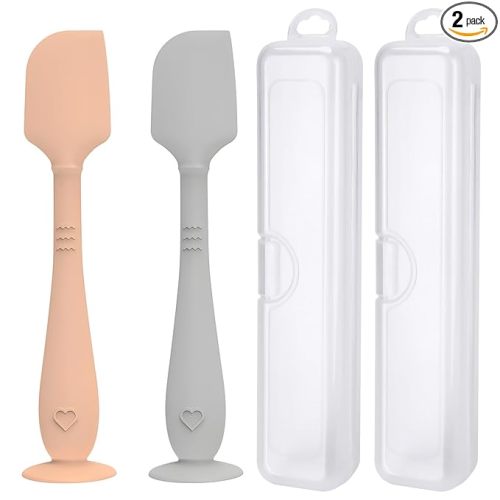 2 Pack Diaper Cream Spatula with Hygienic Travel Case, Butt Spatula Baby with Suction Base, Baby Butt Paste Spatula, Soft Silicone Diaper Rash Cream Applicator Large Size (Brown & Gray)