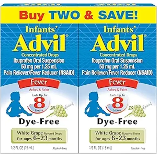 Infants' Advil Liquid Pain Reliever and Baby Fever Reducer, Infant Ibuprofen Dye Free Pain Relief and Fever Medicine, White Grape - 0.5 Fl Oz (2 Pack)