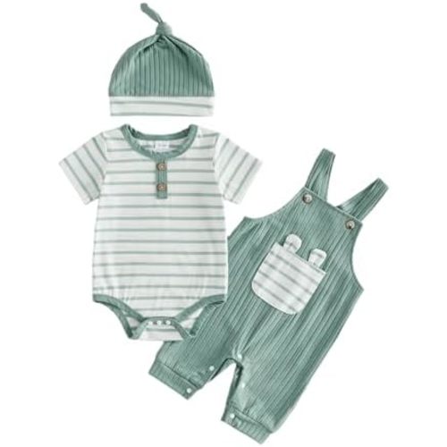Newborn Baby Boy Clothes Summer Outfit Solid Color Short Sleeve Romper Waffle Suspender Shorts Overall Set 3Pcs