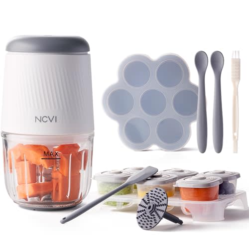 NCVI Puree Baby Food Processor Glass Set, Mini Infant Food Maker Blender Machine with 8 Blades and Grinding Disc, Small Blender for Baby Food Including Containers, Silicone Tray and Tableware