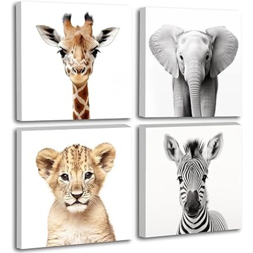 Kids Wall Art Cute Safari Animals Painting Picture for Nursery Children's Room Kids Bedroom Wall Decor Poster Giraffe/Lion/Elephant/Zebra Artwrok Framed,Set of 4