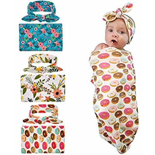 3 Pack Receiving Blanket with Headbands BQUBO Newborn Baby Floral PrintedBaby Shower Swaddle Gift - 3 Pack C With Headbands
