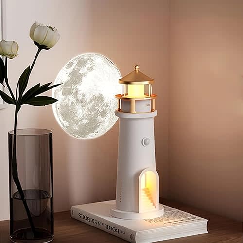 Moon Lighthouse Projector Night Light with Motion Sensor - Rechargeable LED Galaxy Table Lamp, Moon Lamp for Kids, Bedroom, Nursery Decor - Perfect Christmas, Birthday Gift for Boys & Girls