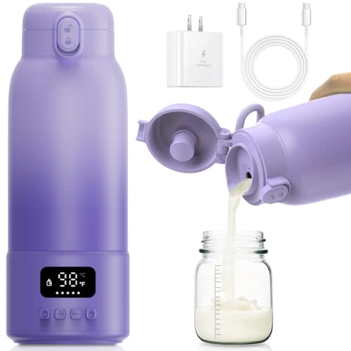 Portable Milk Warmer, 17oz Large Capacity Portable Bottle Warmer for Baby, Fast Heating for Breast Milk & Formula & Water, Long Battery Life Travel Warmer with Pasteurization (158°F), Purple