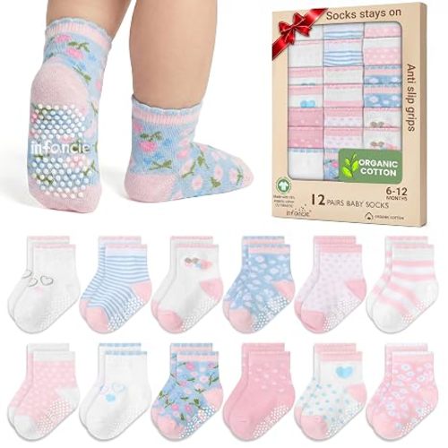 GOTS Organic Cotton Blend 12 Baby Newborn Socks 0-6 M Girl Non Slip Gift | Oeko-Tex Certified, Baby Socks, 12 Pairs, Baby Girl Socks, Baby Girl Socks, Pink, For Baby Girls, 0-6 Months, Baby Socks
