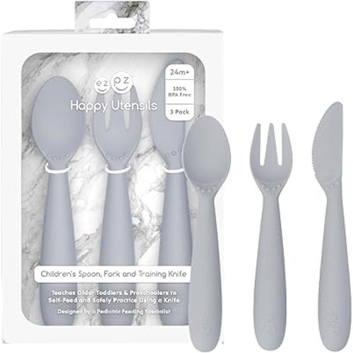 ezpz Happy Utensils (Pewter) - 24 Months+ - BPA Free Toddler Utensils - Fork, Spoon and Knife for Toddlers and Preschoolers - Kids for Self-Feeding Development