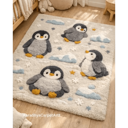 Hand Tufted Penguin Rug, Plush Winter Nursery Carpet, Cream Playroom Children’s Rug