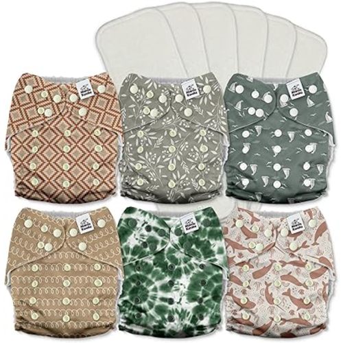 Mama Koala 3.0 Pocket Cloth Diapers for Babies with AWJ Lining, 6 Pack with 6 5-Layer Natural Cloth Diaper Inserts - Reusable and Washable Pocket Diapers(A-Calm Spring)
