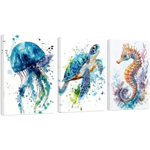 DOARTDO Ocean Animals Wall Art 3 Pieces Sea Animals Canvas Prints Watercolor Seahorse Jellyfish Sea Turtle Pictures Kids Nursery Bathroom Home Decor Framed (12"x16"x3 Pieces)