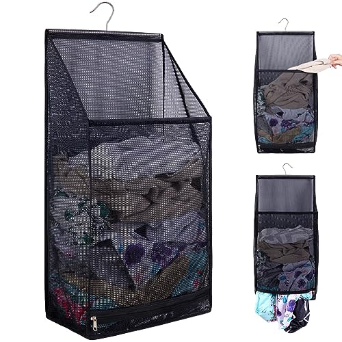 Hanging Collapsible Breathable Mesh laundry bags,Fast Drying Portable Space Saving Laundry Hamper for dorm,Rv Laundry Hamper Storage (Black)