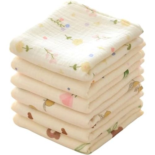 Baby Muslin Washcloths and Burp Cloths, Floral Pattern Cotton Face Towels, Burping Cloths for Newborn,6-Pack,10x20 inches