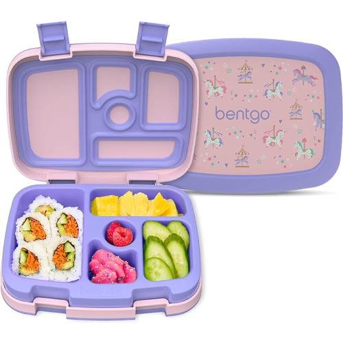 Bentgo Kids Prints Leak-Proof, 5-Compartment Bento-Style Kids Lunch Box - Ideal Portion Sizes for Ages 3-7, Durable, Drop-Proof, Dishwasher Safe, & PFAS & BPA-Free Materials (Carousel Unicorns)
