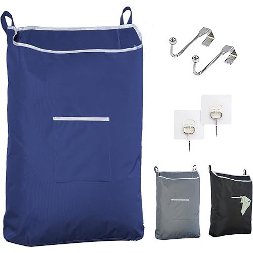 Fine Living Large Hanging Laundry Hamper with Over Door Hooks & Adhesive, Durable Space Saving Laundry Bag with Zipper and Wide Open Top, Hanging Dorm Laundry Hamper 18"x4.75"x28" (Navy Blue-L)