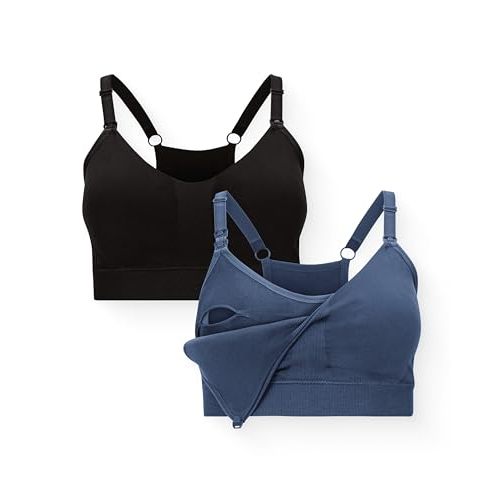 Kindred Bravely Essentials Sports Pumping & Nursing Bra, Hands Free, 2 Pack | Racerback breastfeeding bra with clip down cups and wireless comfort. Soft stretchy maternity fit for workouts or daily wear