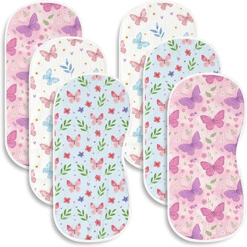 6 Pack （3×2） Butterfly Baby Burp Cloths, 20x10 Contoured Burp Rags with Watercolor Floral & Garden Print, Ultra Absorbent Soft Shoulder Pads Newborn Registry Gift for Girls