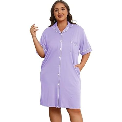 Vozanet Women Button Down Nightgown Plus Size Nursing Nightshirt Boyfriend Nighty Bridal Sleepdress with Pockets XL-5XL