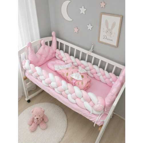 Pink Baby Bedding Set with Braided Bumpers & Crown Pillows – Crib Set, Newborn Girl Gift, Soft Nursery Decor, Luxury Infant Bedding