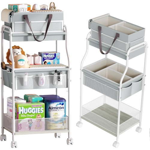 2 In1 Baby Diaper Caddy Organizer & Storage Cart, 3-Tier Rolling Diaper Organizers with Divider and 12 Pocket，Nursery Bedside Caddy Utility Cart for Baby Clothes & Dresser Baby Bottle -Baby Essential