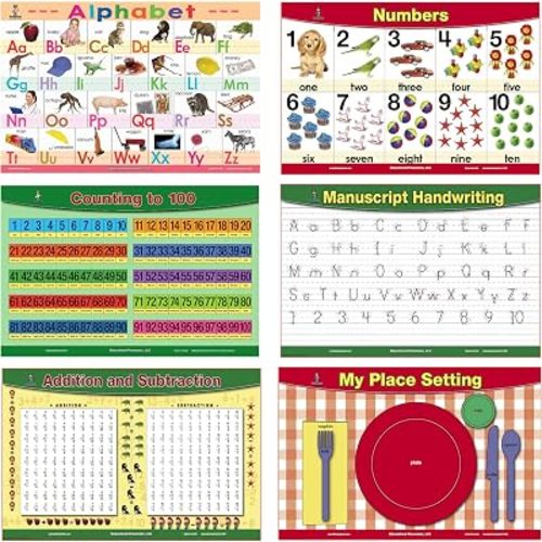Brainy Mats Placemats for Kids – 6-Pcs Set Educational Kids Placemats for Dining Table with Alphabet, Numbers, Table Setting – BPA-Free Laminated Non-Slip Placemat – Wipeable Table Mat 11.25 x 17.25in