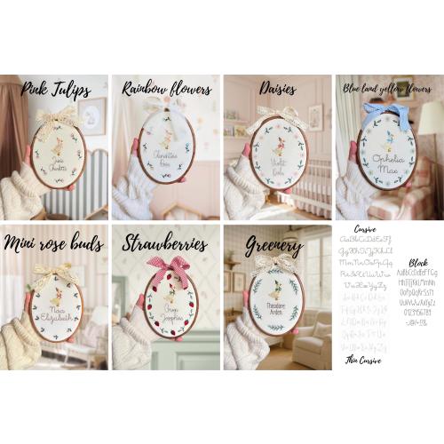 Baby name sign embroidered with storybook goose and florals, newborn birth announcement plaque, oval nursery wall hanging, gift for new mum