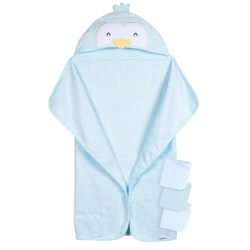 Embroidered 4-Piece Baby Neutral Blue Penguin Towel & Washcloths Set – Gerber Childrenswear