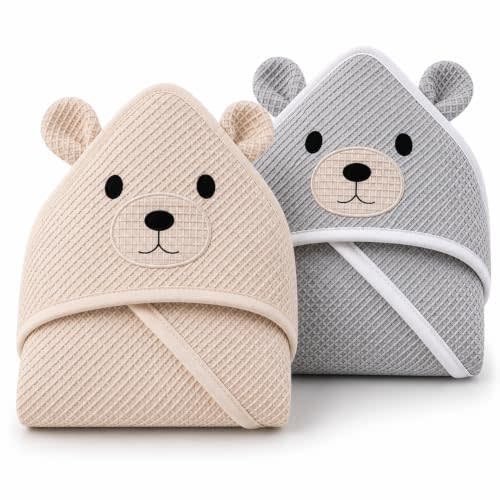 Baby Hooded Towel 2 Pack Bear Waffle 100% Cotton | Newborn Bath Set, Waffle Weave Texture, Bear Hood Design, Machine Washable, Gray & Beige Colors
