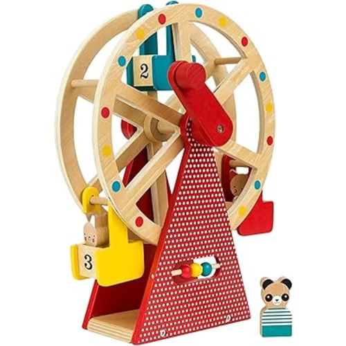 Petit Collage Ferris Wheel Carnival Wooden Toy, 2 Animal Characters Included – Pre-Assembled Wooden Ferris Wheel Toy with Sturdy Wood Construction, Non-Toxic and Safe for Kids, Ideal for Ages 3+