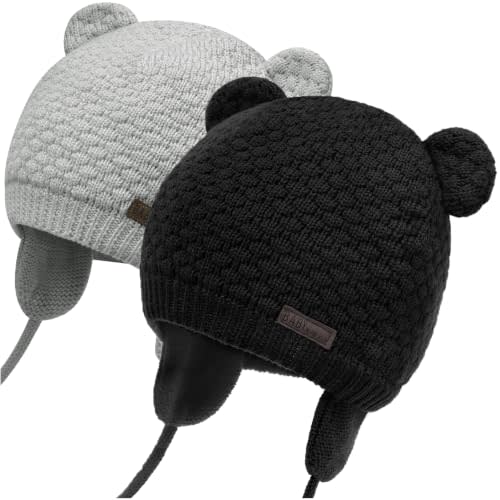 Duoyeree Baby Winter Hat, Bear Knit Earflaps Cotton Lined for Toddler Kids | Windproof bear earflap; double layer cotton lined knit; unisex infant hat, 3 sizes 0-18m for autumn winter daily wear