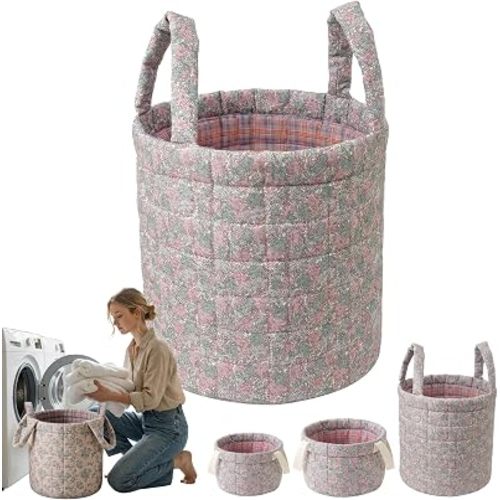 Floral Quilted Laundry Basket with Handles, Cute Cotton Fabric Storage Basket for Clothes and Toys, Vintage Plaid Lining Round Hamper Bin for Bedroom Nursery Home Organization (Pink, L(13.8x13.2"))