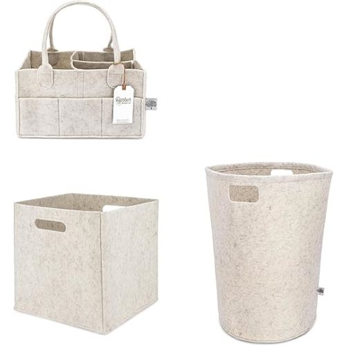 Parker Baby Co. Bundle Gift Set - Felt Collection - Includes Diaper Caddy, Large Laundry Hamper, Storage Cube Bin - White