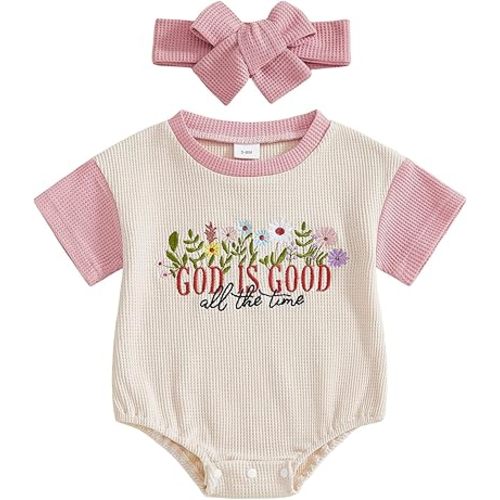 Baby Girl Christian Clothes God is Good Embroidery Bubble Romper Waffle Short Sleeve T-Shirt Bodysuit Summer Outfits