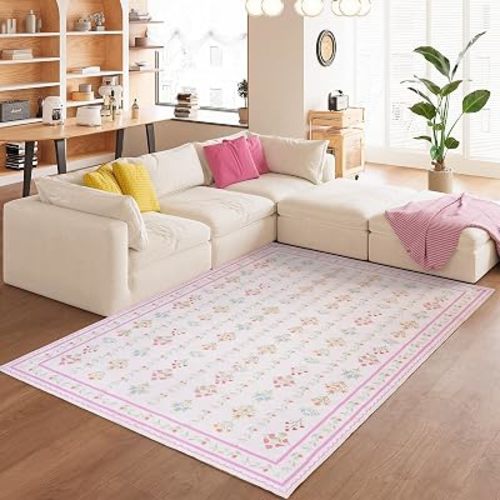 5x8 Area Rugs, Floral Washable Area Rug with Low Pile, Non-Slip Boho Vintage Area Rugs for Living Room, Bedroom, Kids Playroom & Entry