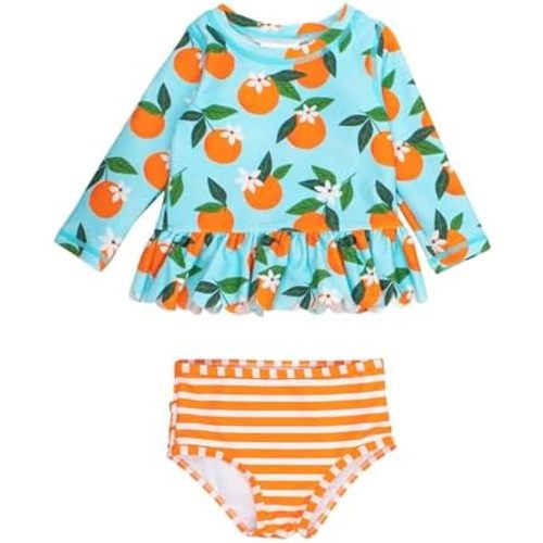 RuffleButts Baby/Toddler Girls Scalloped Long Sleeve Rash Guard 2-Piece UPF50+ Sun Protected Swimsuit