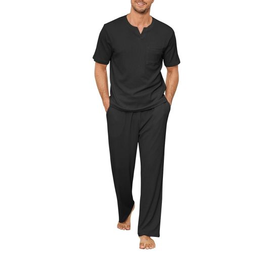JiniGolla Mens Pajamas Set Soft Waffle Knit Short Sleeve Top and Pant Loungewear Sets 2 Piece Pjs with Pockets