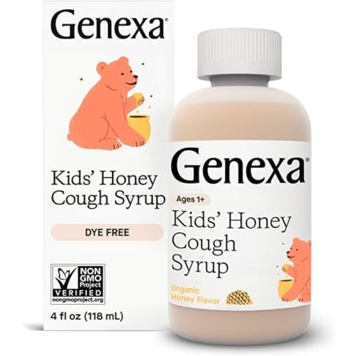 Genexa Kids’ Organic Honey Cough Syrup, Dye Free, 0% Artificial Additives, Children's Cough Remedy for Kids 2-11, Soothing Natural Honey Flavor, Gluten Free, & Non-GMO 4 fl oz