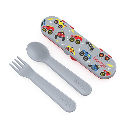 Bentgo Kids Utensil Set - Reusable Plastic Fork, Spoon & Storage Case - BPA-Free Materials, Easy-Grip Handles, Dishwasher Safe - Ideal for School Lunch, Travel, & Outdoors (Trucks)