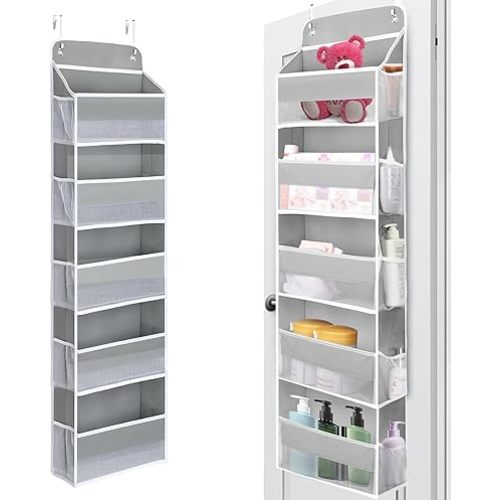 QINGUANG Over The Door Organizer,Hanging Door Organization And Storage, Behind Door Organizer with Side Pockets, 44 lbs Capacity,Anti Tilt Door Organizer for Nursery, Bathroom, Bedroom,Dorm (5-Shelf)