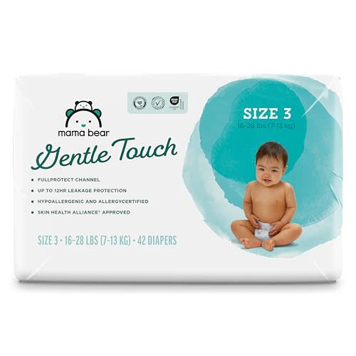 Amazon Brand - Mama Bear Gentle Touch Baby Diapers, Size 3, 42 Count, Wetness Indicator, Stretchy Waistband, Skin Health Alliance Approved