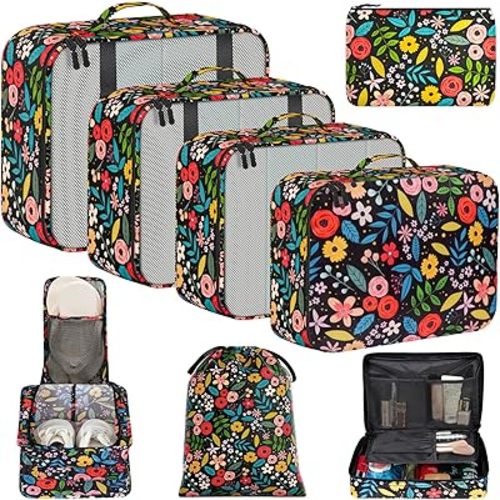 BAGAIL 8 Set Packing Cubes Luggage Packing Organizers for Travel Accessories-Black Floral