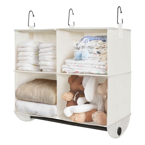 StorageWorks Hanging Closet Organizer with Rod, 4 Sections, 2 Tiers, White | Maximize Closet Space with 4 Open Sections and Built-in Rod for Hanging Clothes Below