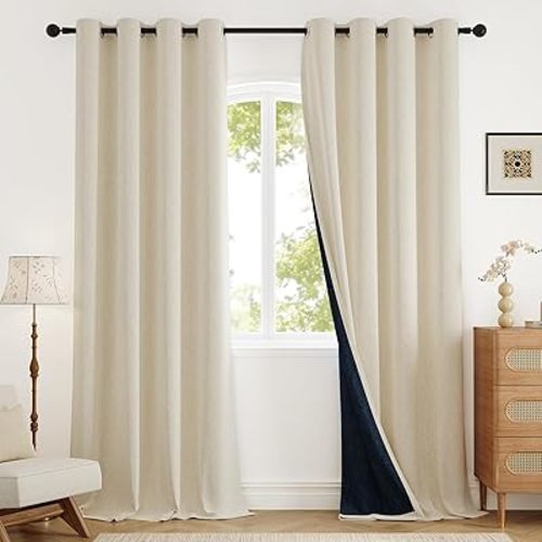 Rinwoc Blackout Curtains for Bedroom 90 inch Length 2 Panels Set, Farmhouse Linen-Look Textured Full Light Blocking Room Darkening Thermal Insulated Drapes for Living Room (W52xL90, Cream)