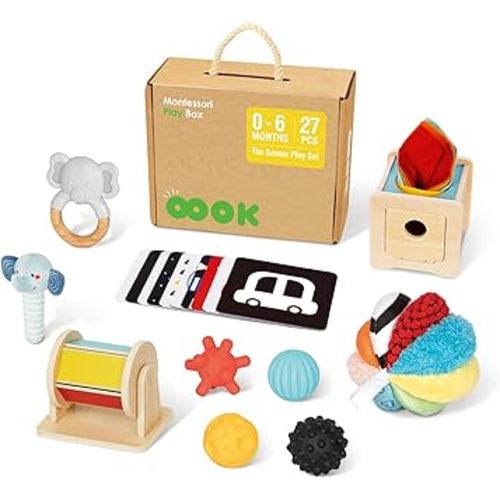 OOOK Montessori Toys 0-6 Months, Montessori Toy Set, 7 in 1 Newborn Baby Toys with Spinning Drum, Tissue Box Toy, Sensory Balls, Contrast Cards and More