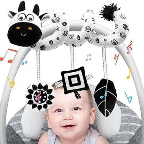 Baby Carseat Hanging Toys, Spiral Car Seat Toys for Babies 0-6 Months Boys Girls, Stroller Plush Activity Toys for Newborn 0 3 6 9 12 Months, Black and White High Contrast Toy for Baby Ideal Gift