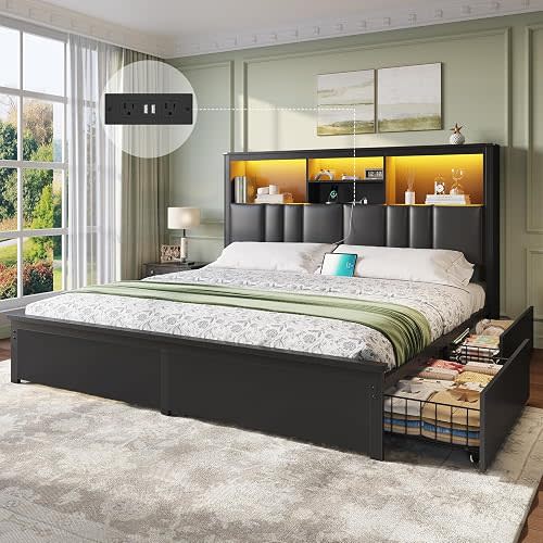 DICTAC King Bed Frame with 4 Storage Drawers & Upholstered Bookcase Headboard, Bed Frame King Size with LED Lights & Charging Station, Heavy-Duty Metal Platform Bed, No Box Spring Needed, Noise Free