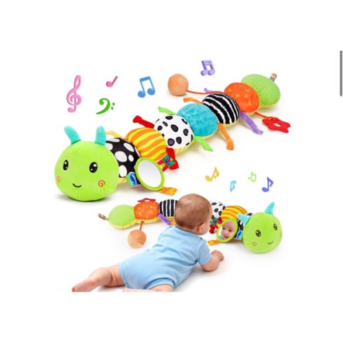 Baby Sensory Toy 0-6 Month Music Animal Stuffed Plush Caterpillar Toy for Infant 0-3-6-12 Month Old Tummy Time with Baby Mirror Crinkle Rattle Carseat Toys for Newborn Boys Girl Shower Gifts