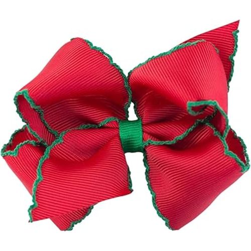 Wee Ones Girls' Classic Grosgrain Moonstitch Edge Hair Bow, No-Slip Hair Clip, Handmade, Red with Green, Small