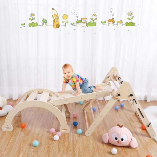 3-in-1 Wooden Indoor Gym Playset for 3-6 Year Old, Foldable Climbing Set with Sliding & Arch Ramps