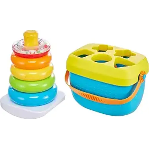 Fisher-Price Baby’s First Blocks & Rock-a-Stack Toy Set, Bucket of 10 Shapes & Ring Stacking Activity for Developmental Play Ages 6+ Months (Amazon Exclusive)