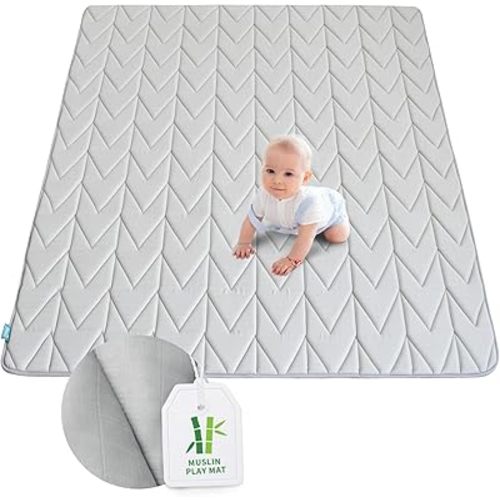 Biloban Foam Muslin Play Mat 71×59, Fits for Dripex & Suposeu Playpen, One-piece Crawling Mat for Baby & Toddler to Play on Floor, Non Slip, Grey